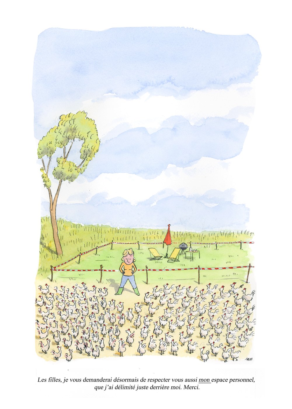 Dessin : une agricultrice délimite son espace personnel devant ses poules